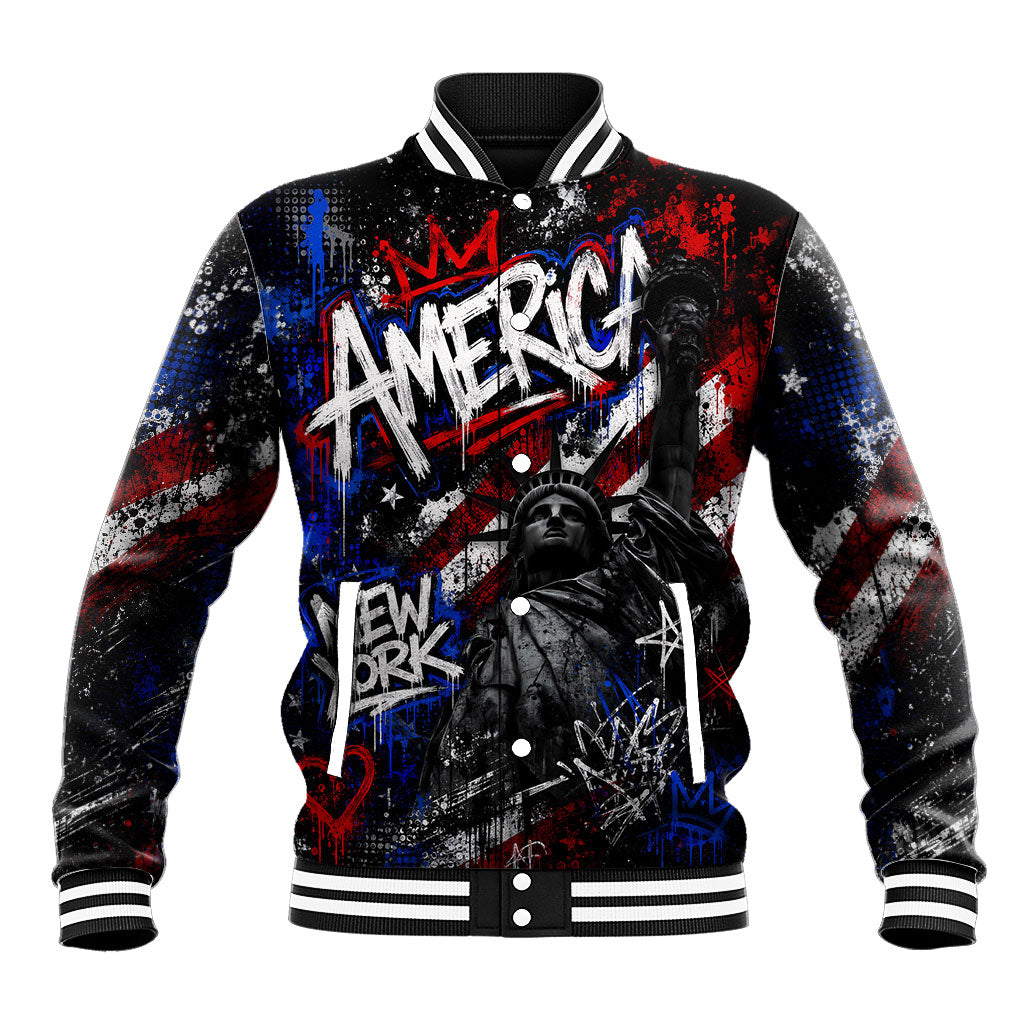 Personalized America New York Statue Of Liberty Baseball Jacket Dark Grunge American Flag Graffiti Street Art