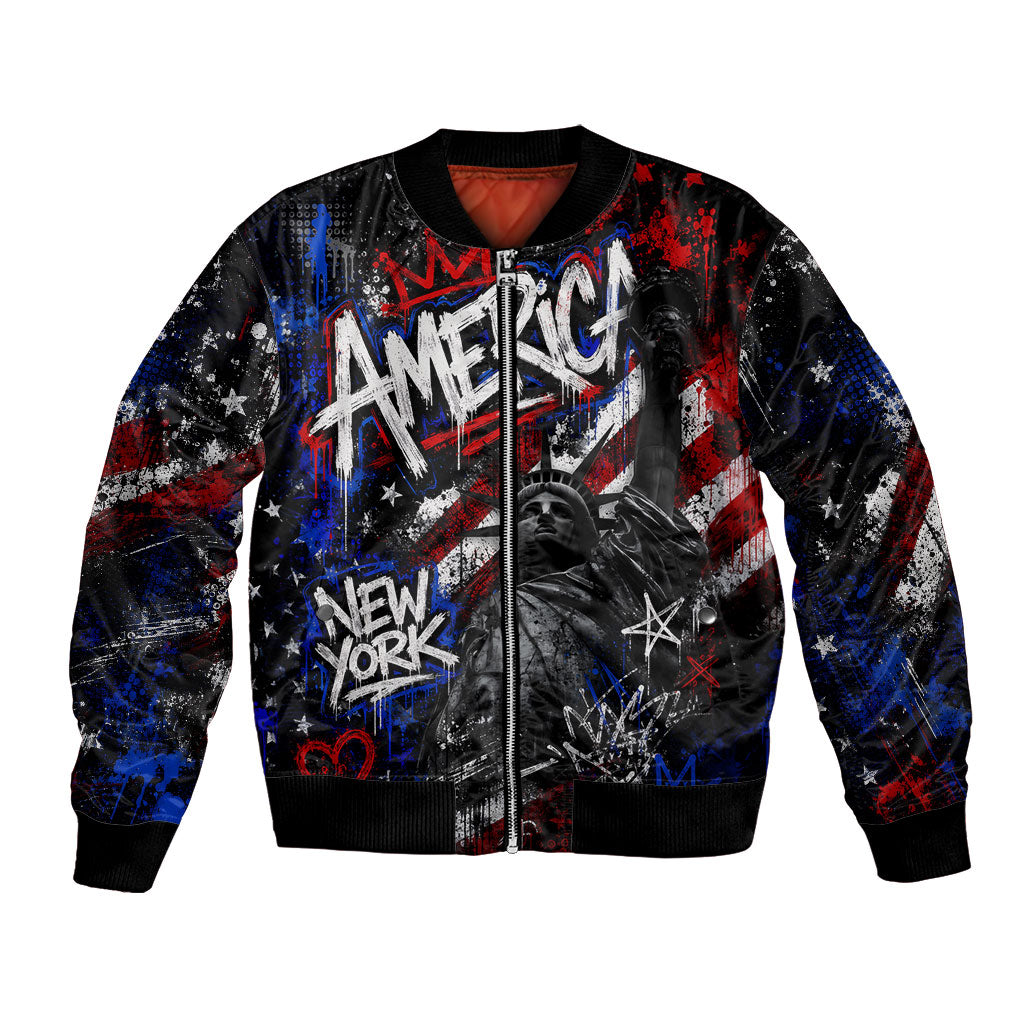 Personalized America New York Statue Of Liberty Bomber Jacket Dark Grunge American Flag Graffiti Street Art