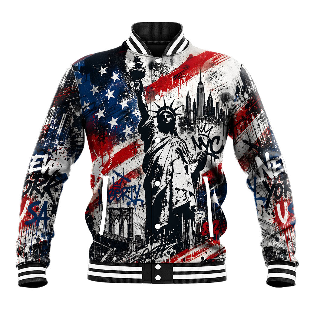 Personalized New York Statue Of Liberty Baseball Jacket Grunge Street Art NYC Skyline American Pride