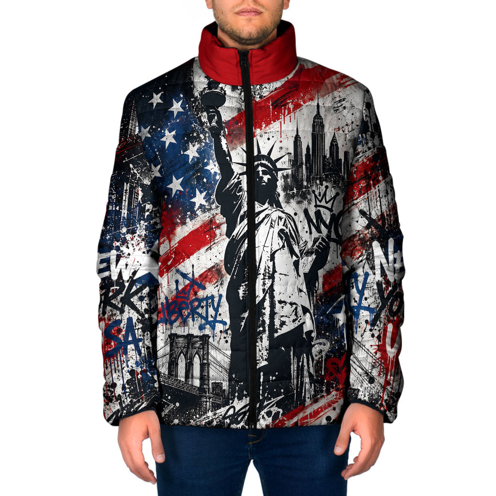 Personalized New York Statue Of Liberty Padded Jacket Grunge Street Art NYC Skyline American Pride