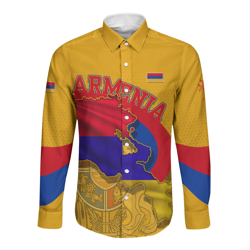 Personalized Armenia Coat Of Arms Long Sleeve Button Shirt Armenian Flag Map And Patriotic Eagle Lion