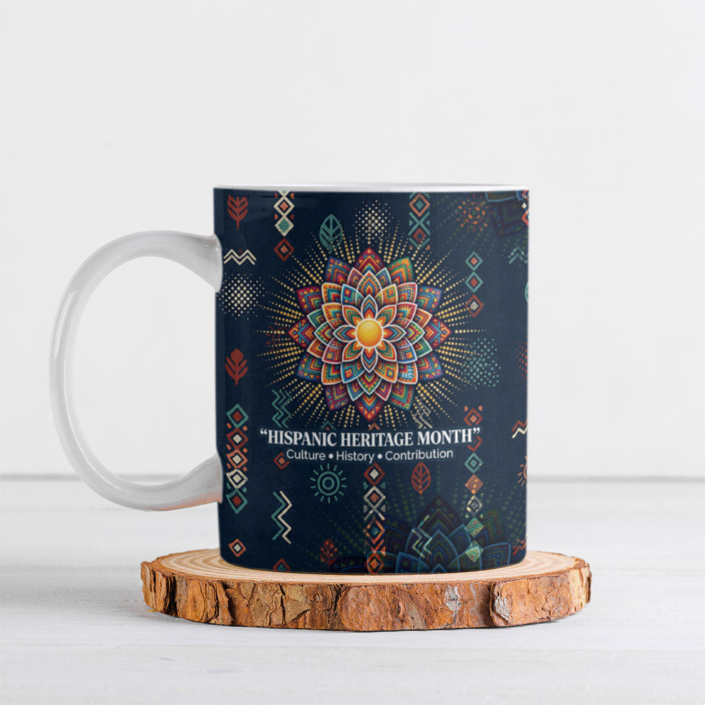 Hispanic Heritage Month Ceramic Mug Colorful Aztec Mandala - Latin American Flags Culture History