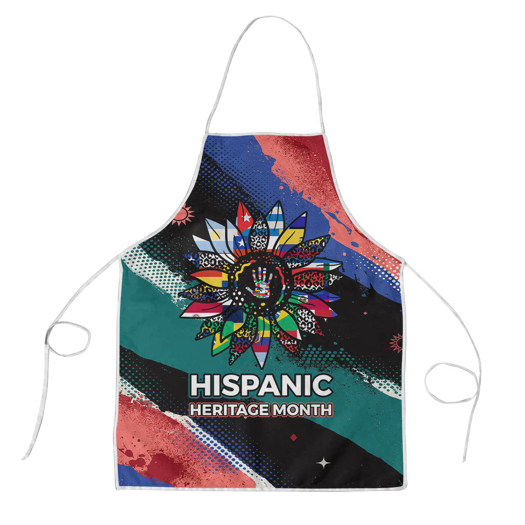 Hispanic Heritage Month Unidos We Rise Apron Vibrant Sunflower Flags - Globe Graphic With Splatter Paint