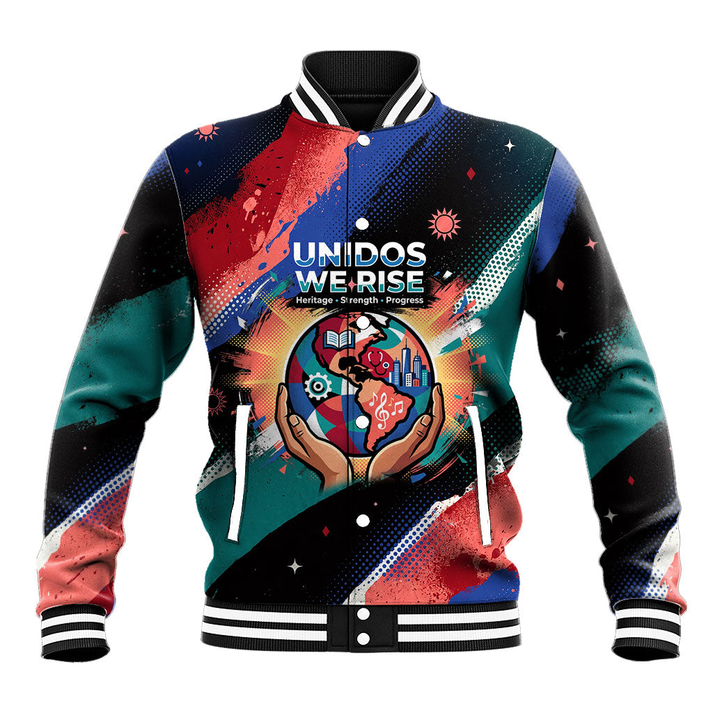 Hispanic Heritage Month Unidos We Rise Baseball Jacket Vibrant Sunflower Flags - Globe Graphic With Splatter Paint