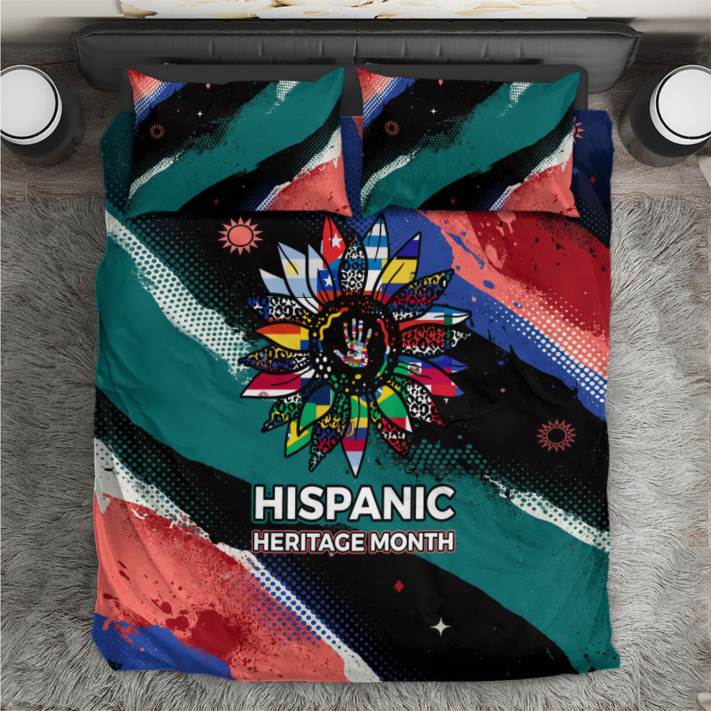 Hispanic Heritage Month Unidos We Rise Bedding Set Vibrant Sunflower Flags - Globe Graphic With Splatter Paint