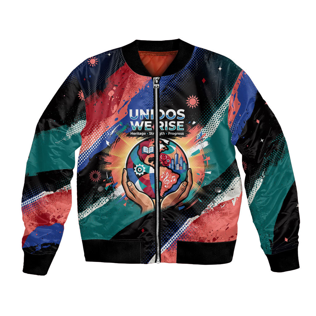 Hispanic Heritage Month Unidos We Rise Bomber Jacket Vibrant Sunflower Flags - Globe Graphic With Splatter Paint