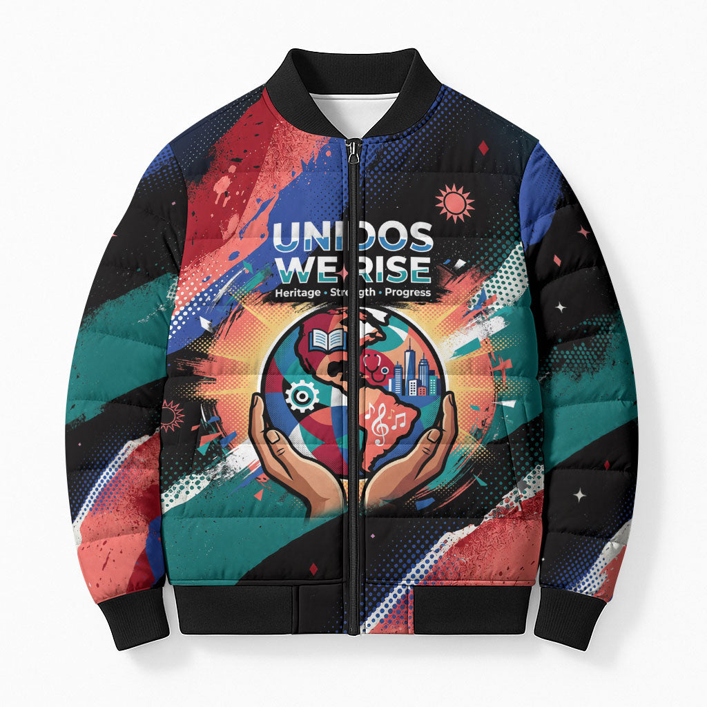Hispanic Heritage Month Unidos We Rise Bomber Puffer Jacket Vibrant Sunflower Flags - Globe Graphic With Splatter Paint