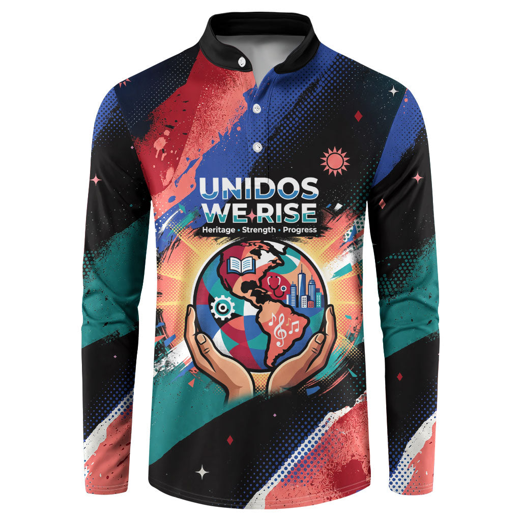 Hispanic Heritage Month Unidos We Rise Button Sweatshirt Vibrant Sunflower Flags - Globe Graphic With Splatter Paint