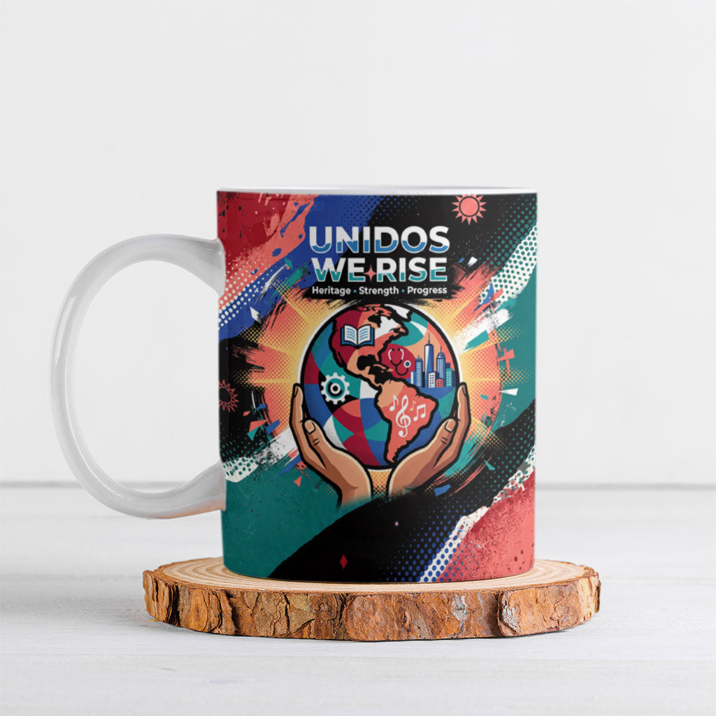 Hispanic Heritage Month Unidos We Rise Ceramic Mug Vibrant Sunflower Flags - Globe Graphic With Splatter Paint