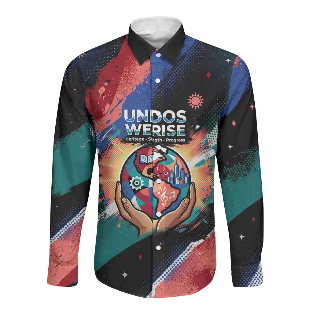 Hispanic Heritage Month Unidos We Rise Long Sleeve Button Shirt Vibrant Sunflower Flags - Globe Graphic With Splatter Paint
