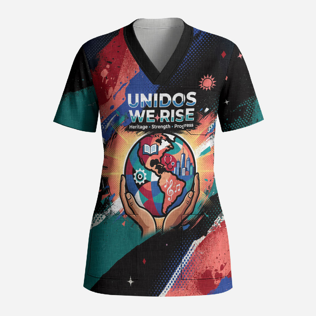 Hispanic Heritage Month Unidos We Rise Scrub Top Vibrant Sunflower Flags - Globe Graphic With Splatter Paint