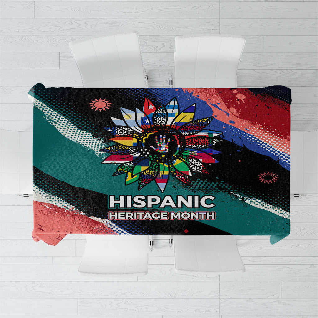 Hispanic Heritage Month Unidos We Rise Tablecloth Vibrant Sunflower Flags - Globe Graphic With Splatter Paint