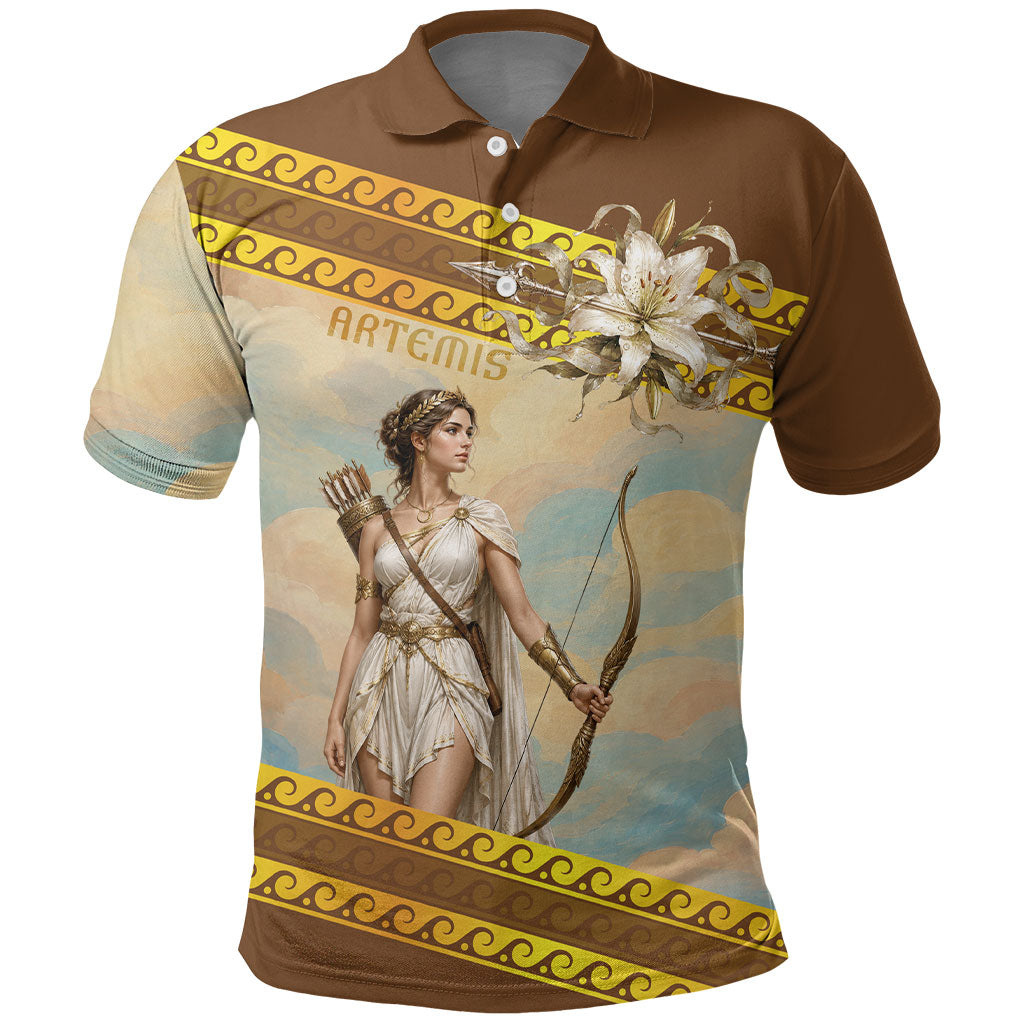 Artemis Greek Goddess Of The Hunt Polo Shirt Ancient Greece Mythology Art Gold And Brown