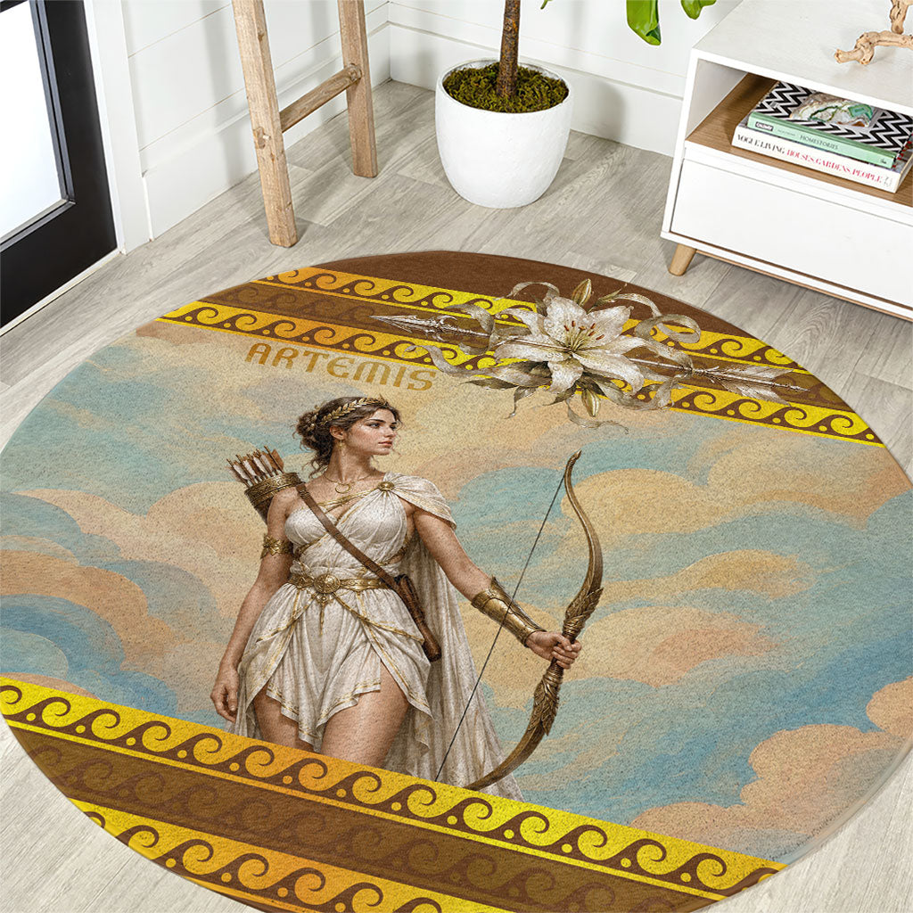 Artemis Greek Goddess Of The Hunt Round Carpet Ancient Greece Mythology Art Gold And Brown