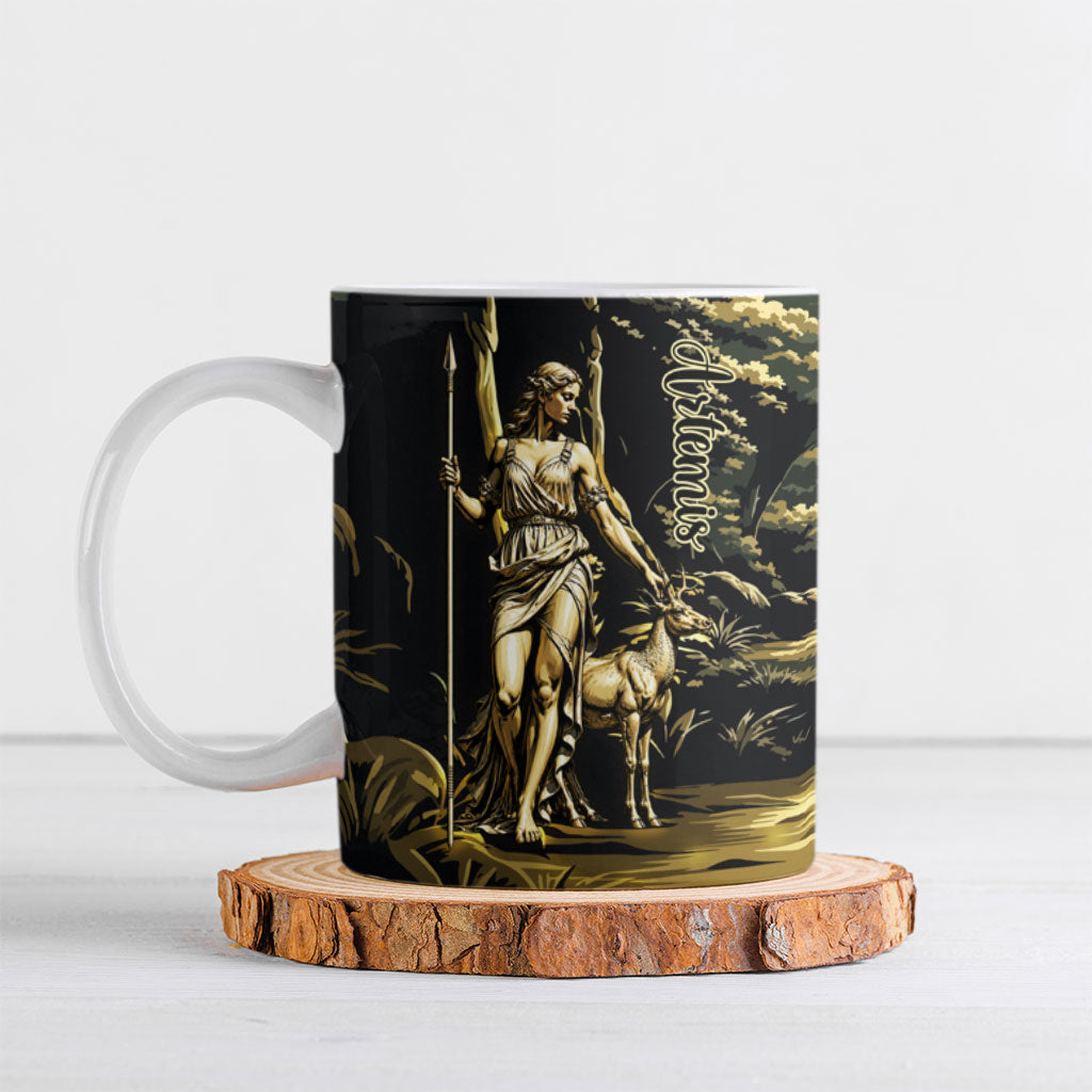 Artemis Greek Goddess Of The Hunt Ceramic Mug Ancient Mythology Art Gold Engraving