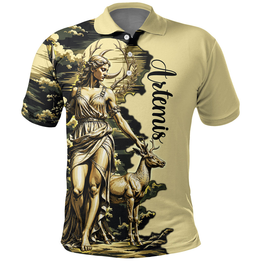Artemis Greek Goddess Of The Hunt Polo Shirt Ancient Mythology Art Gold Engraving