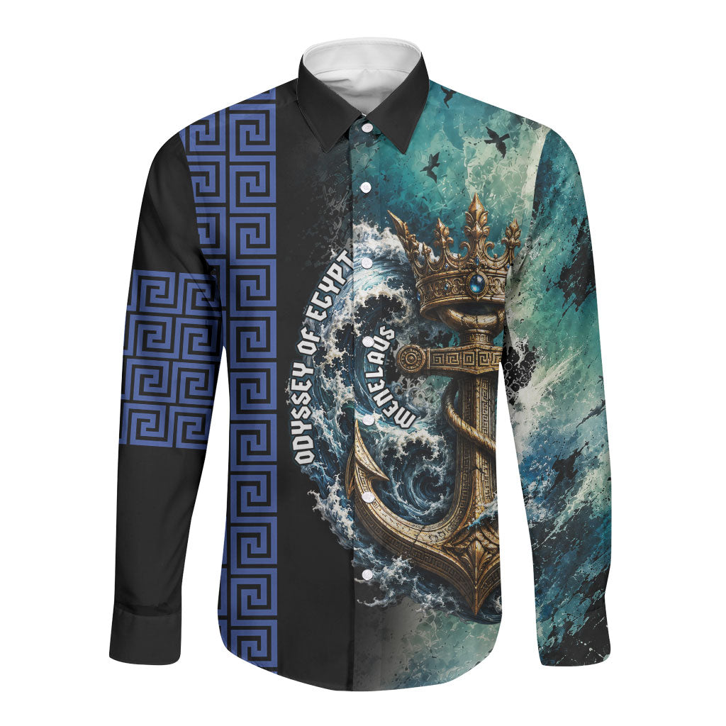 Menelaus Odyssey Of Egypt Long Sleeve Button Shirt Ancient Nautical Sea Monster Anchor Crown Graphic Art