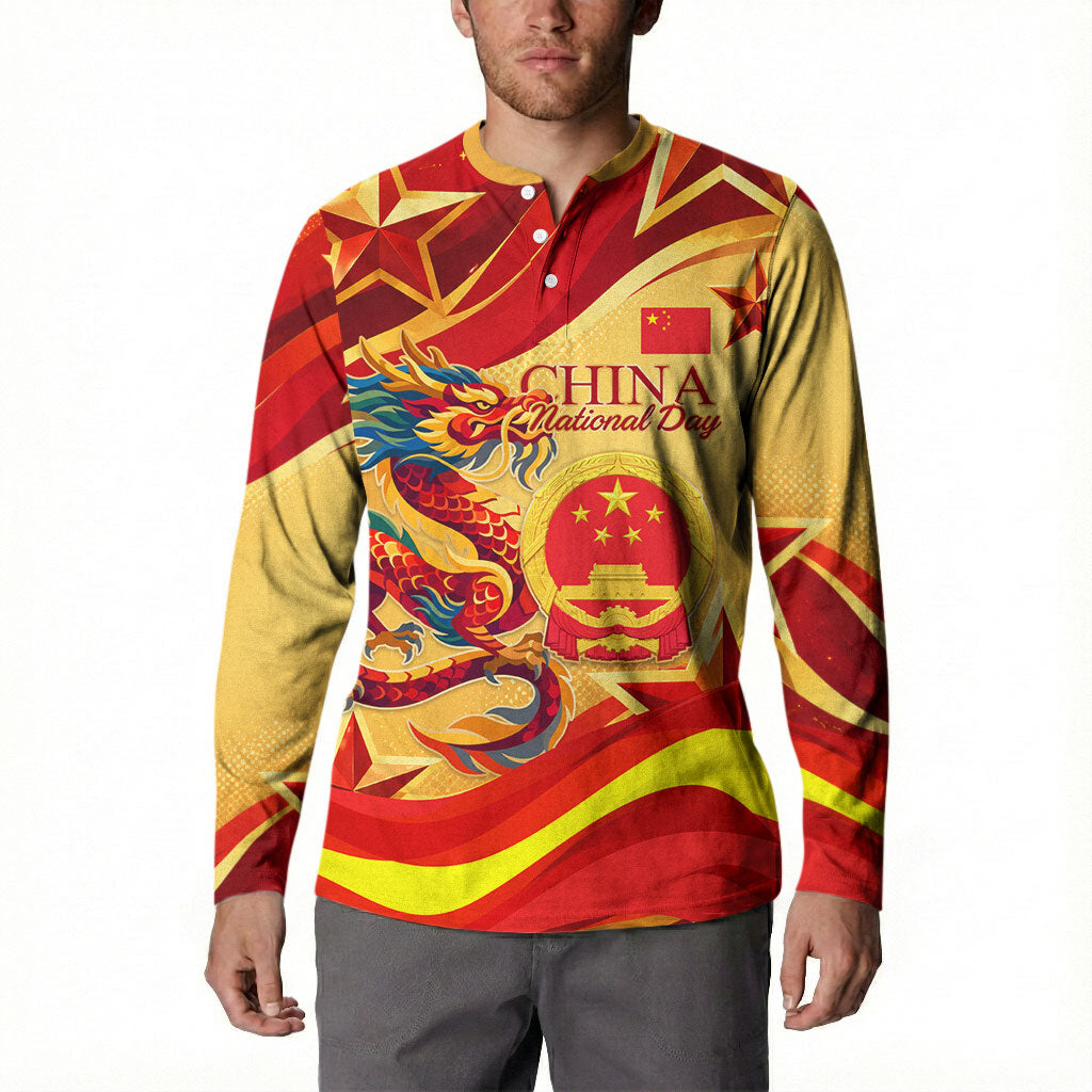 China National Day Button Sweatshirt Dragon Great Wall Asian Skyline
