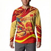 China National Day Button Sweatshirt Dragon Great Wall Asian Skyline