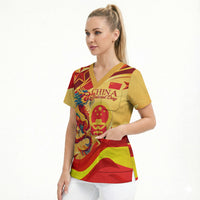 China National Day Scrub Top Dragon Great Wall Asian Skyline