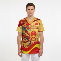 China National Day Scrub Top Dragon Great Wall Asian Skyline