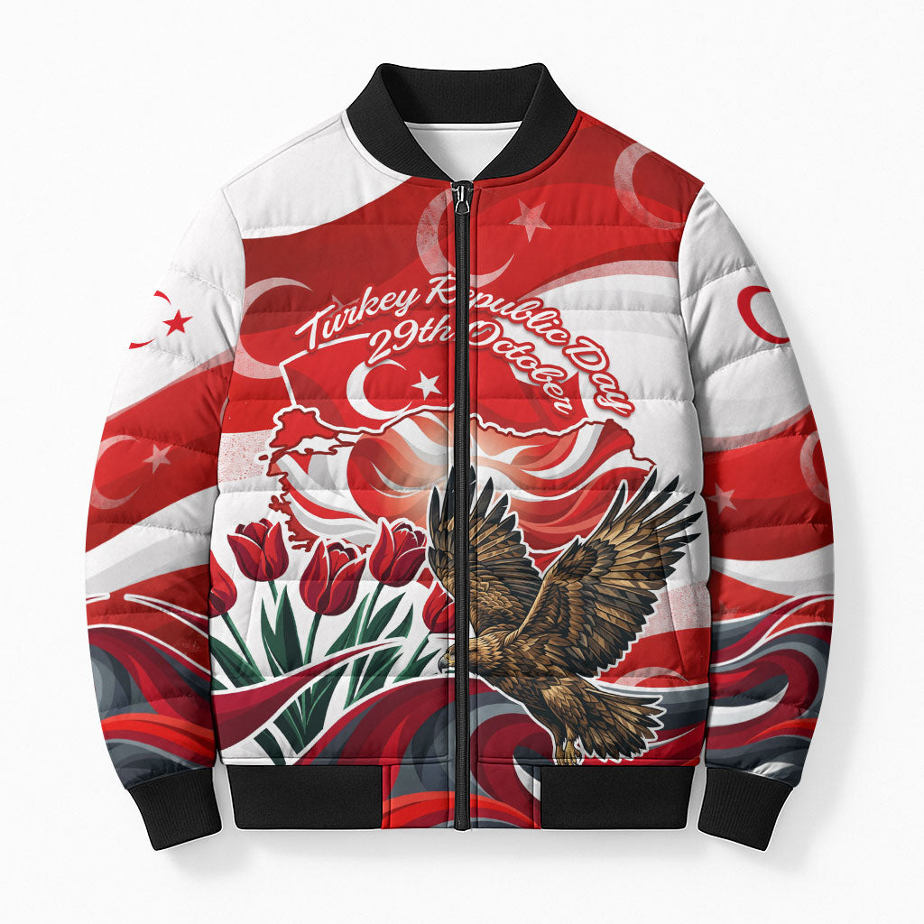Turkey Republic Day Eagle Anitkabir Bomber Puffer Jacket Festive Graphic Red White Turkish Flag Tulip