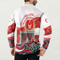 Turkey Republic Day Eagle Anitkabir Button Sweatshirt Festive Graphic Red White Turkish Flag Tulip