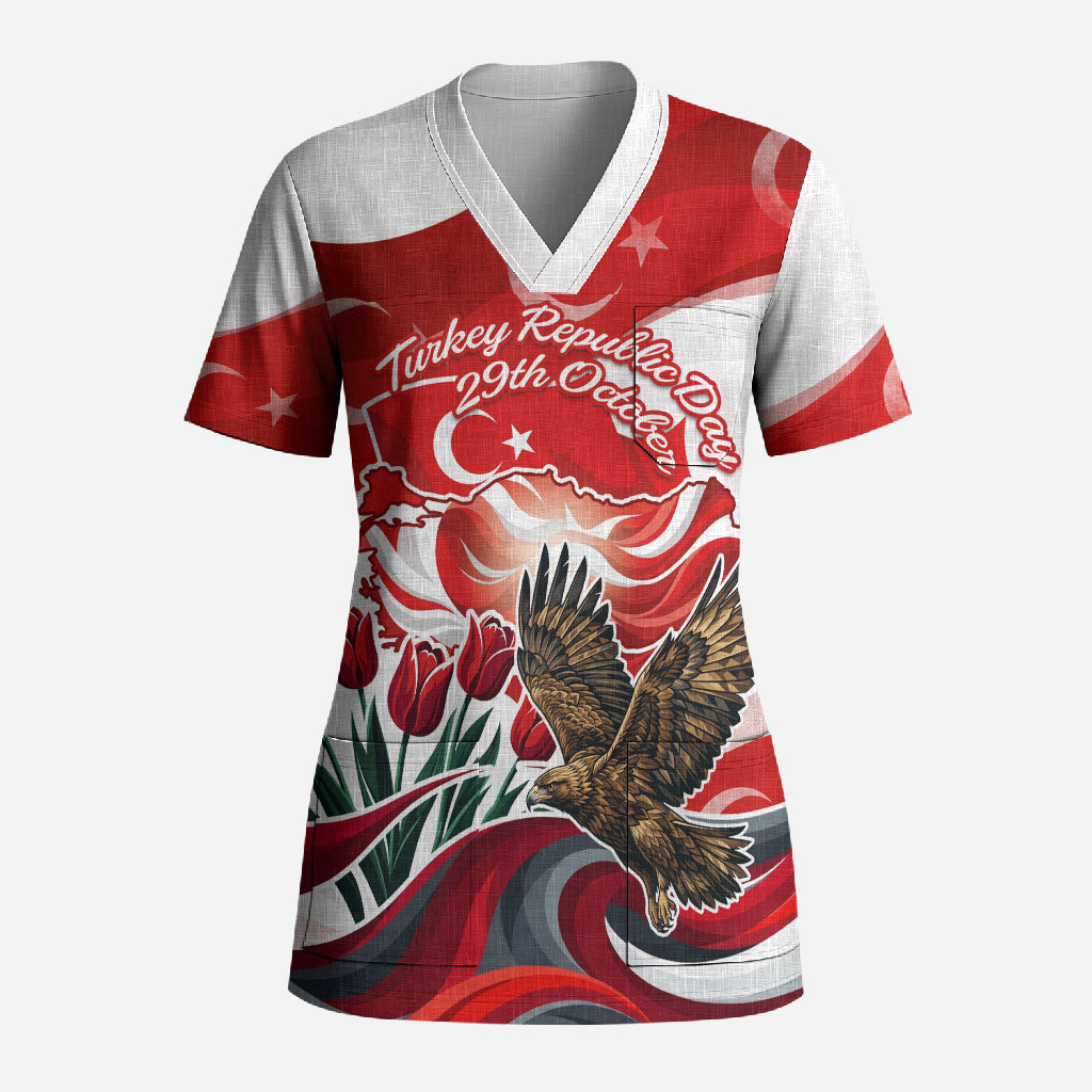 Turkey Republic Day Eagle Anitkabir Scrub Top Festive Graphic Red White Turkish Flag Tulip