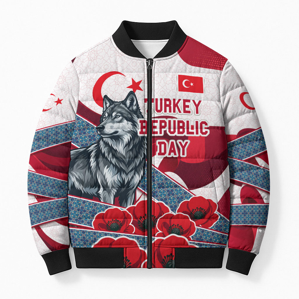 Turkey Republic Day Wolf Cappadocia Bomber Puffer Jacket Festive Red White Turkish Flag Grey Wolf