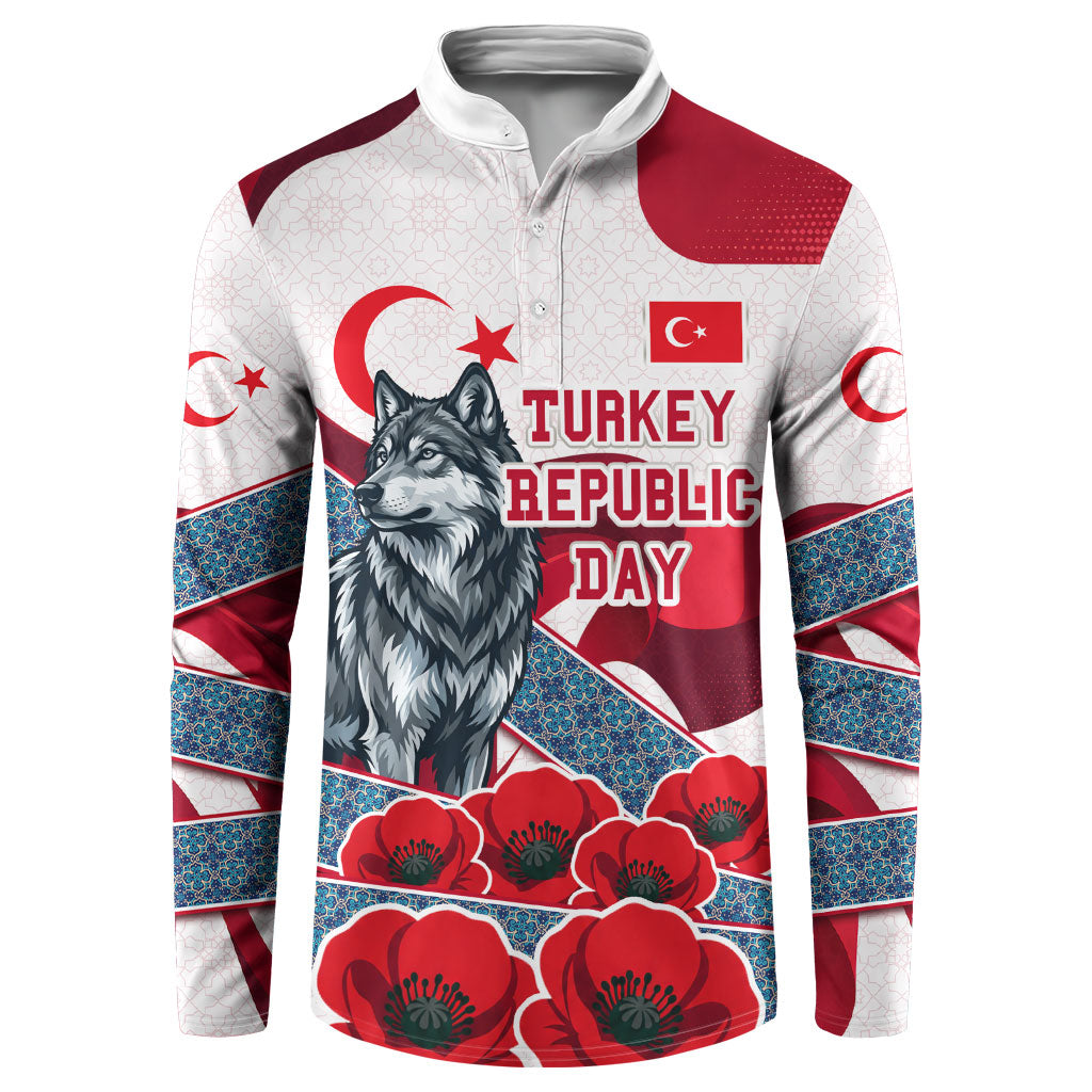 Turkey Republic Day Wolf Cappadocia Button Sweatshirt Festive Red White Turkish Flag Grey Wolf