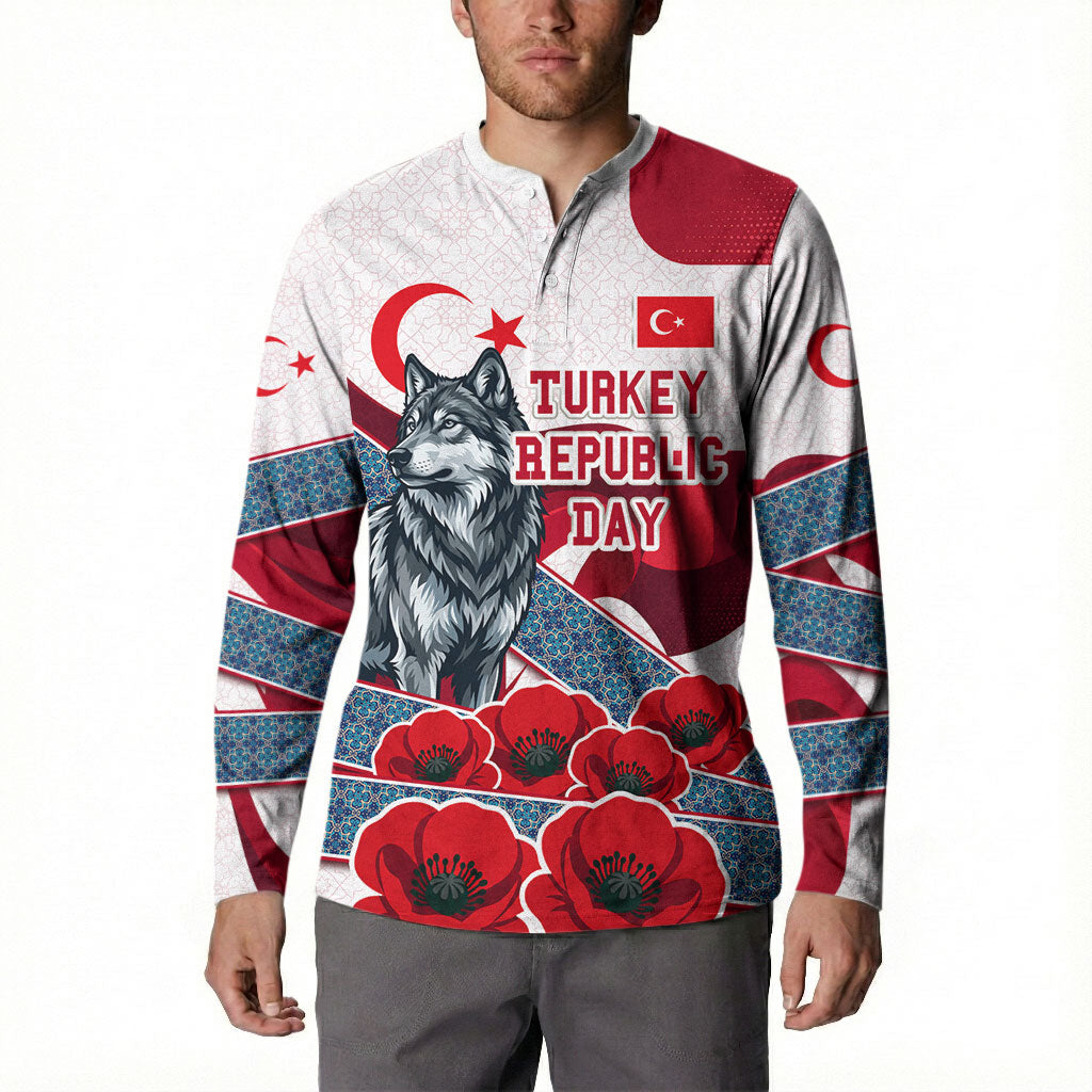 Turkey Republic Day Wolf Cappadocia Button Sweatshirt Festive Red White Turkish Flag Grey Wolf