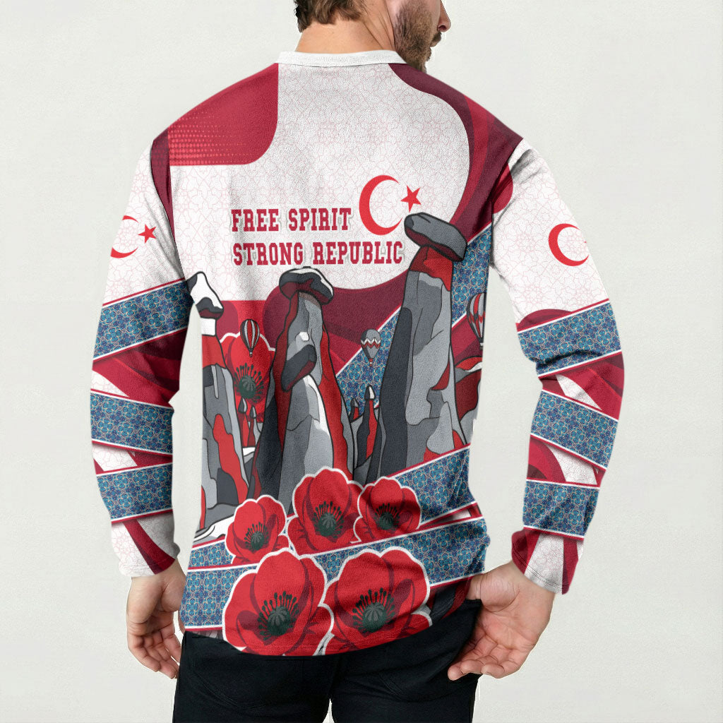 Turkey Republic Day Wolf Cappadocia Button Sweatshirt Festive Red White Turkish Flag Grey Wolf