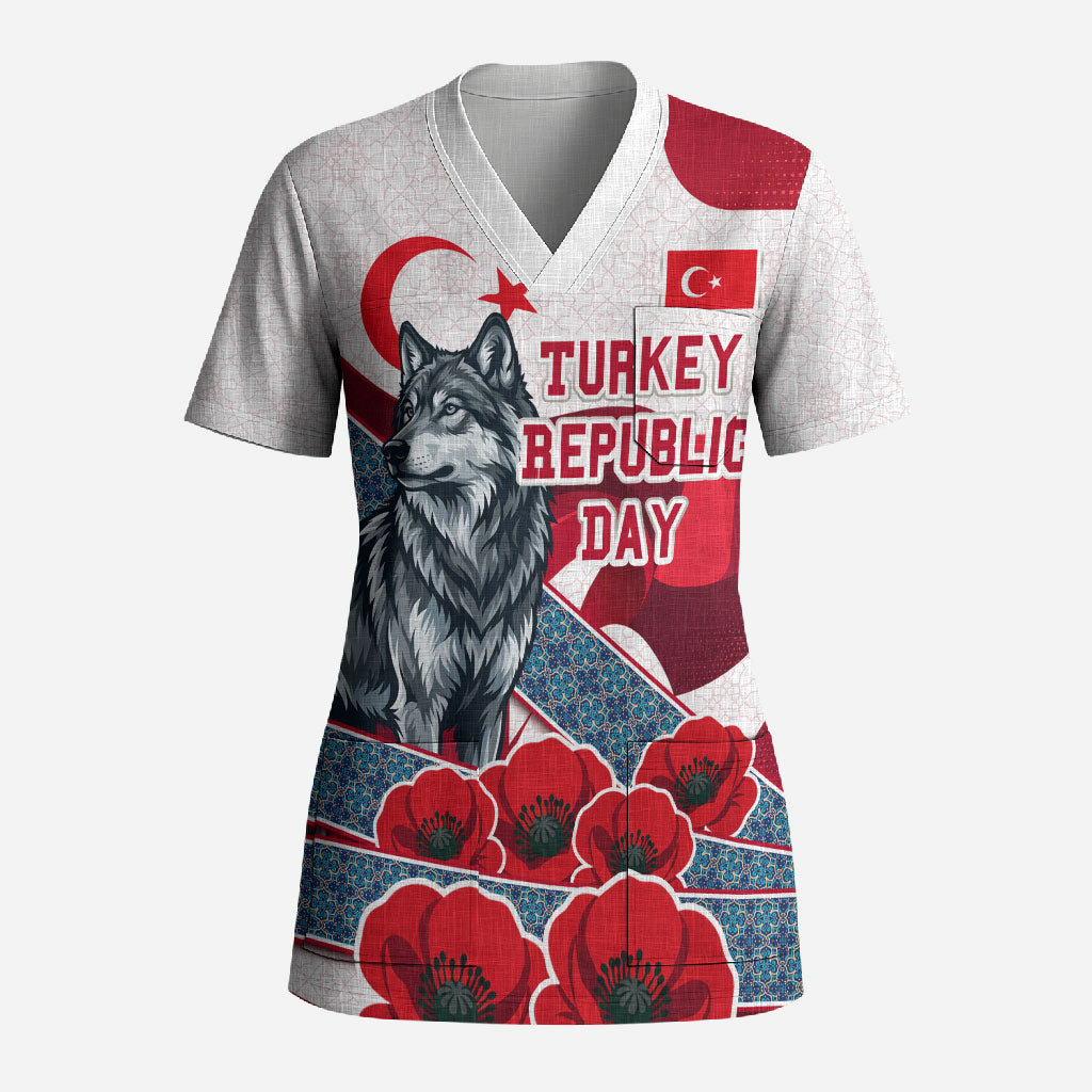 Turkey Republic Day Wolf Cappadocia Scrub Top Festive Red White Turkish Flag Grey Wolf