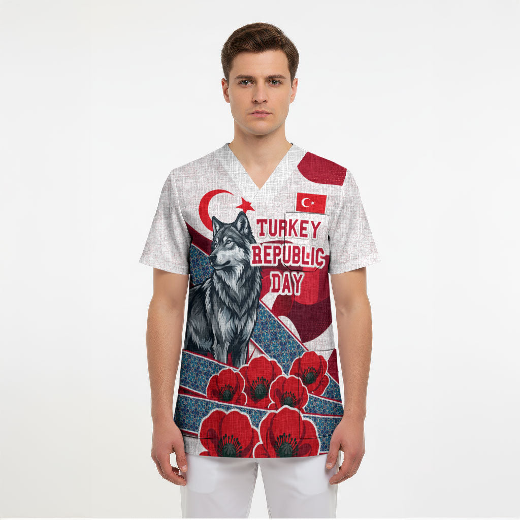 Turkey Republic Day Wolf Cappadocia Scrub Top Festive Red White Turkish Flag Grey Wolf