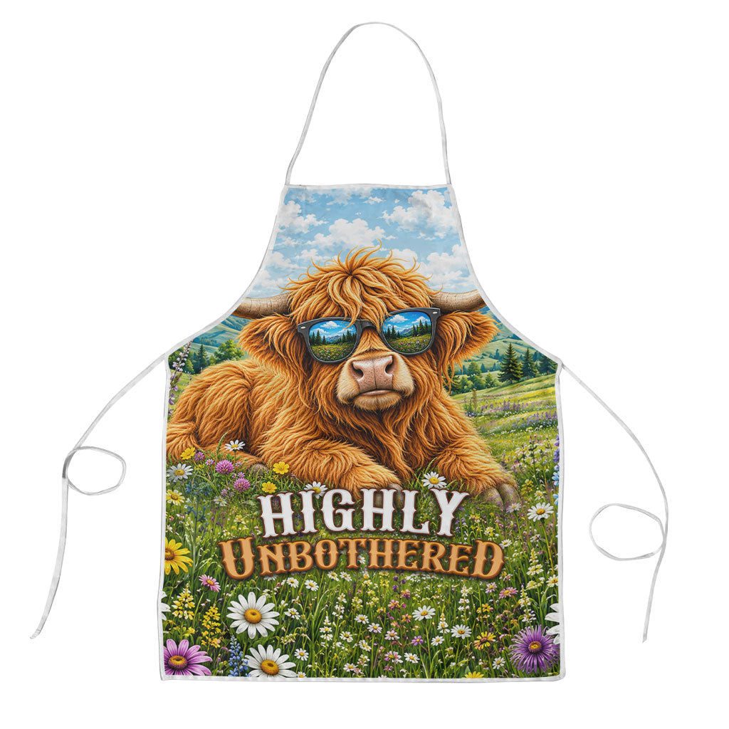 Highly Unbothered Highland Cow With Sunglasses Apron Funny Farm Animal Countryside Nature