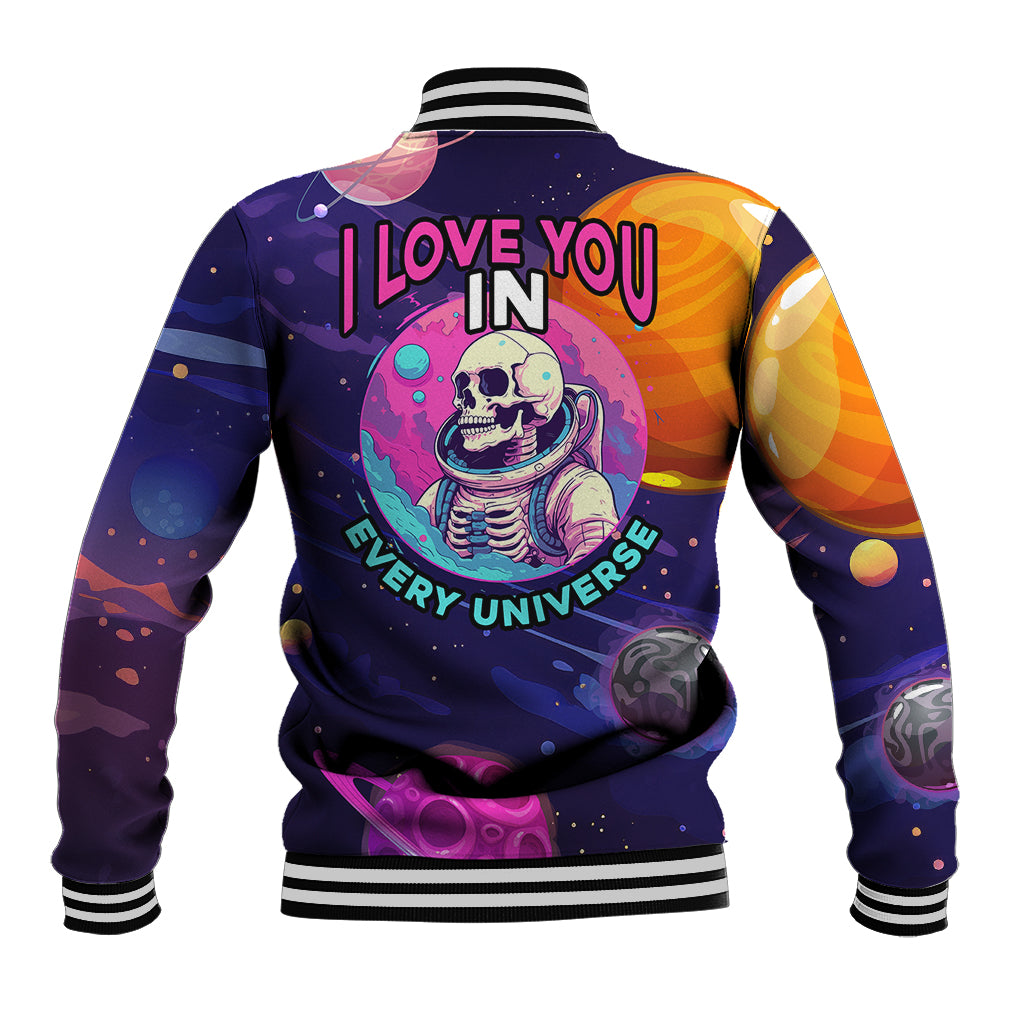 Back multicolor baseball jacket with skull astronaut and 'I LOVE YOU' 'EVERY UNIVERSE'