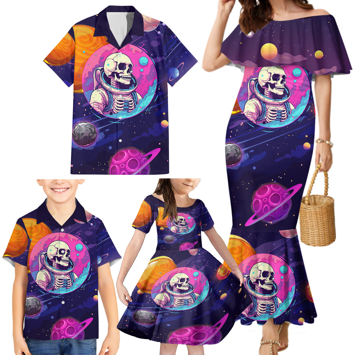 Skull Family Matching Mermaid Dress and Hawaiian Shirt I Love You in every Universe Cosmic Abstract Art - Wonder Print Shop