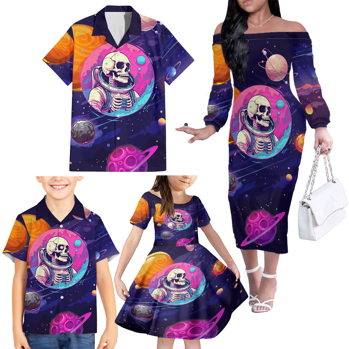 Skull Family Matching Off Shoulder Long Sleeve Dress and Hawaiian Shirt I Love You in every Universe Cosmic Abstract Art - Wonder Print Shop