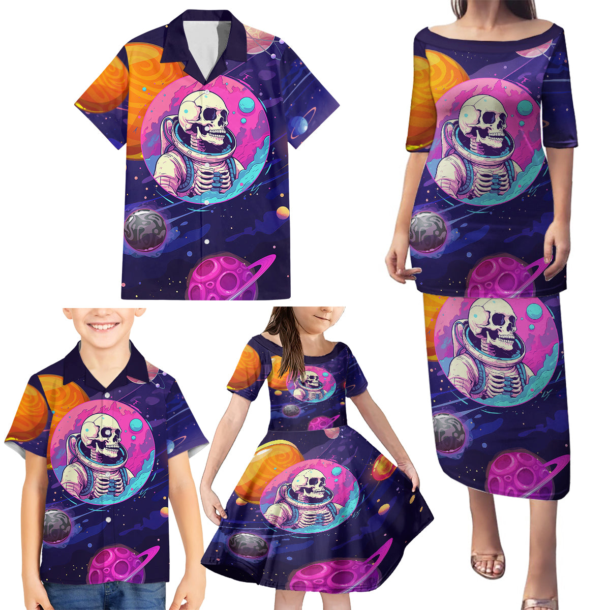 Skull Family Matching Puletasi Dress and Hawaiian Shirt I Love You in every Universe Cosmic Abstract Art - Wonder Print Shop