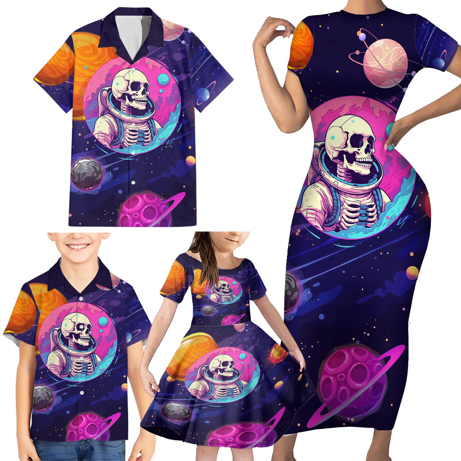 Skull Family Matching Short Sleeve Bodycon Dress and Hawaiian Shirt I Love You in every Universe Cosmic Abstract Art - Wonder Print Shop