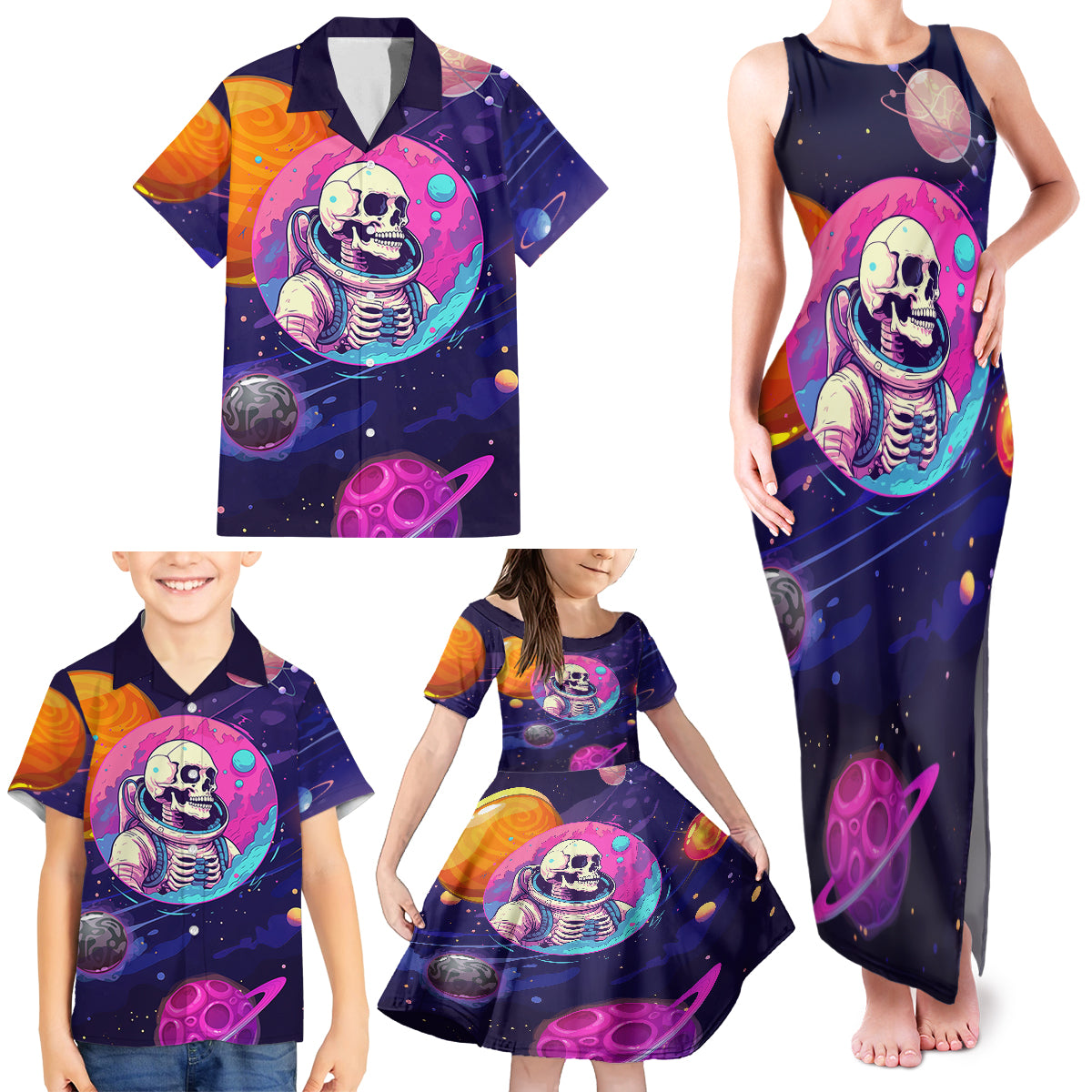 Skull Family Matching Tank Maxi Dress and Hawaiian Shirt I Love You in every Universe Cosmic Abstract Art - Wonder Print Shop