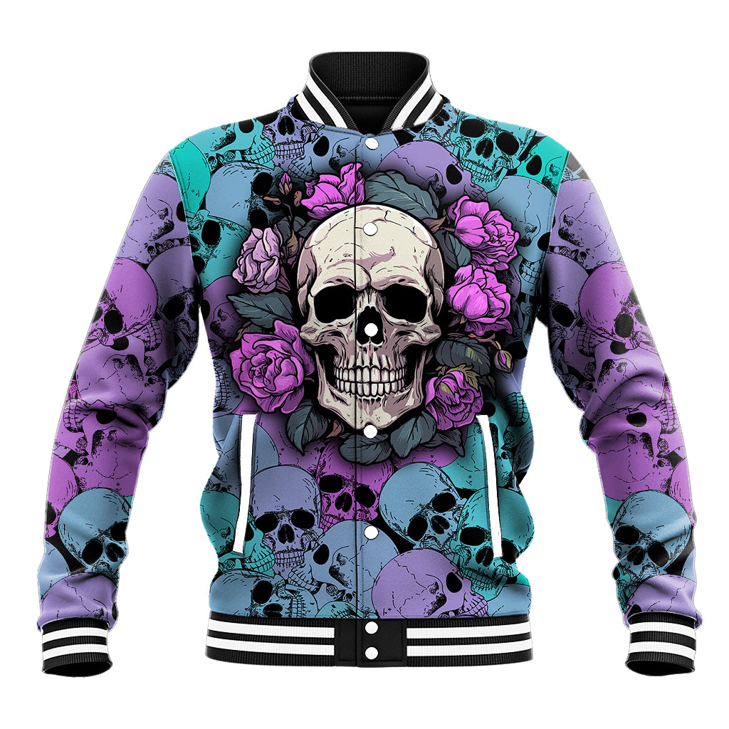 Multicolor skull baseball jacket with striped ribbed collar, cuffs, and button front