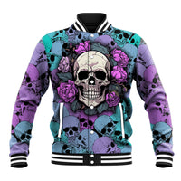 Multicolor skull baseball jacket with striped ribbed collar, cuffs, and button front