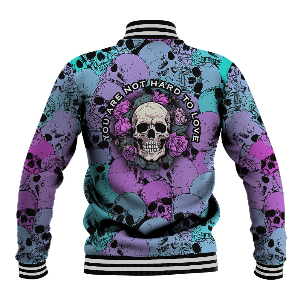 Multicolor skull baseball jacket, back text graphic and striped ribbed trim
