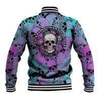 Multicolor skull baseball jacket, back text graphic and striped ribbed trim