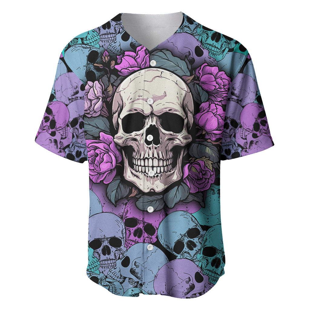 Multicolor skull and rose baseball jersey with large center graphic