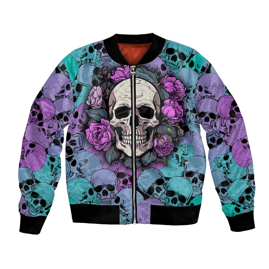 Multicolor skull and rose print bomber jacket with front zipper and black ribbed trim