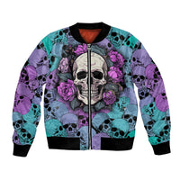 Multicolor skull and rose print bomber jacket with front zipper and black ribbed trim