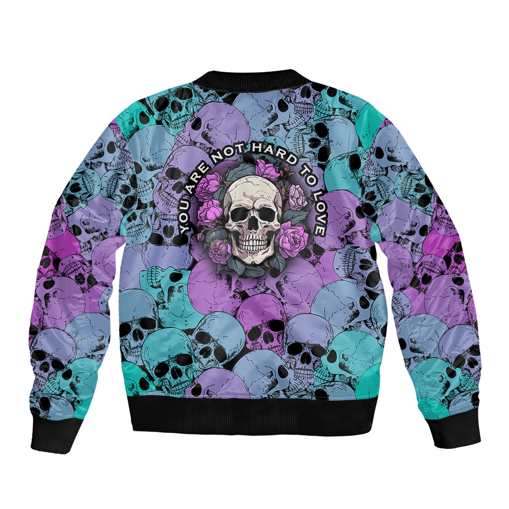 Multicolor skull and rose print bomber jacket with back text graphic and black ribbed hem