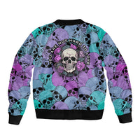Multicolor skull and rose print bomber jacket with back text graphic and black ribbed hem